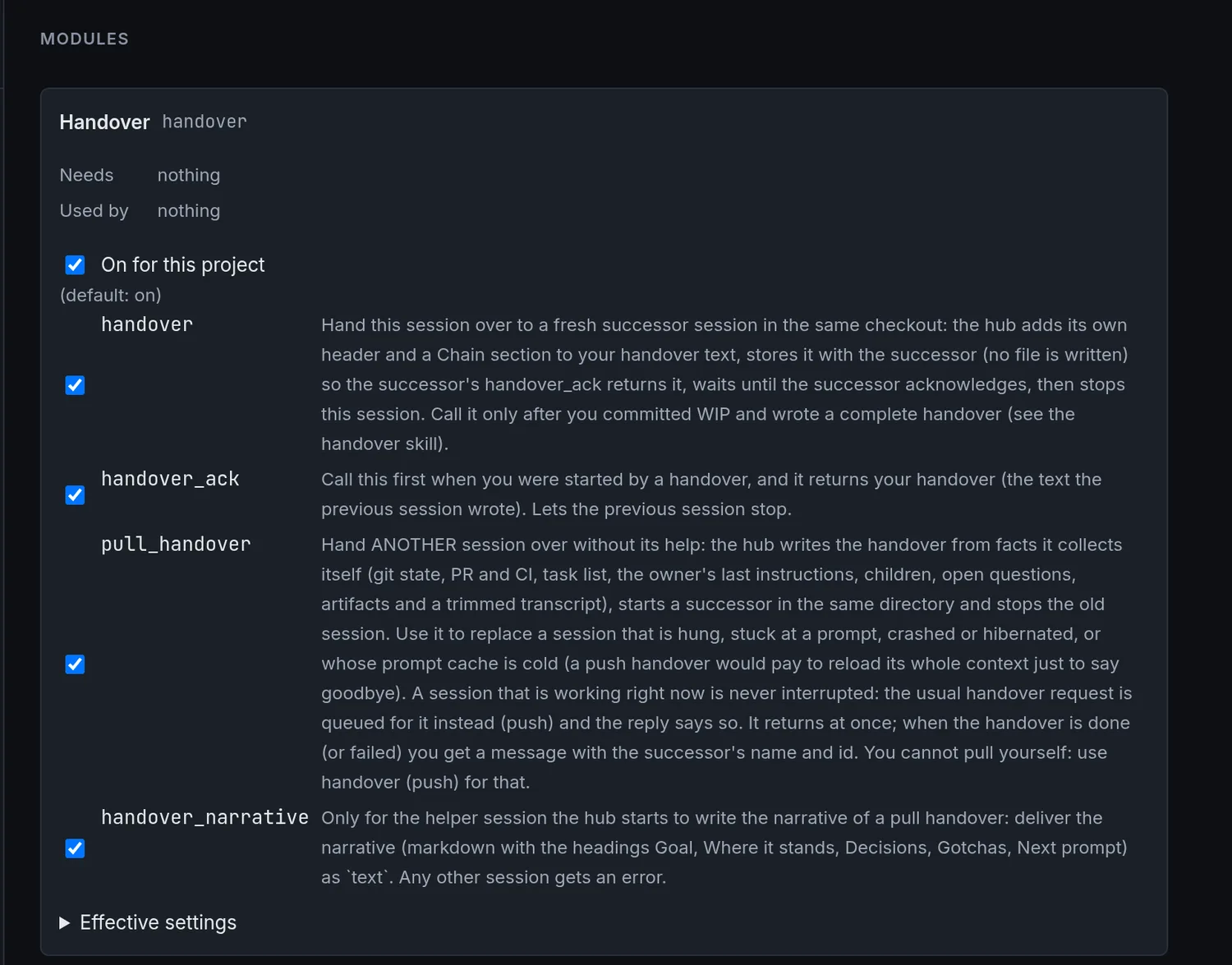 The Sessionweaver modules settings page listing the handover module and its tools with per-project switches.
