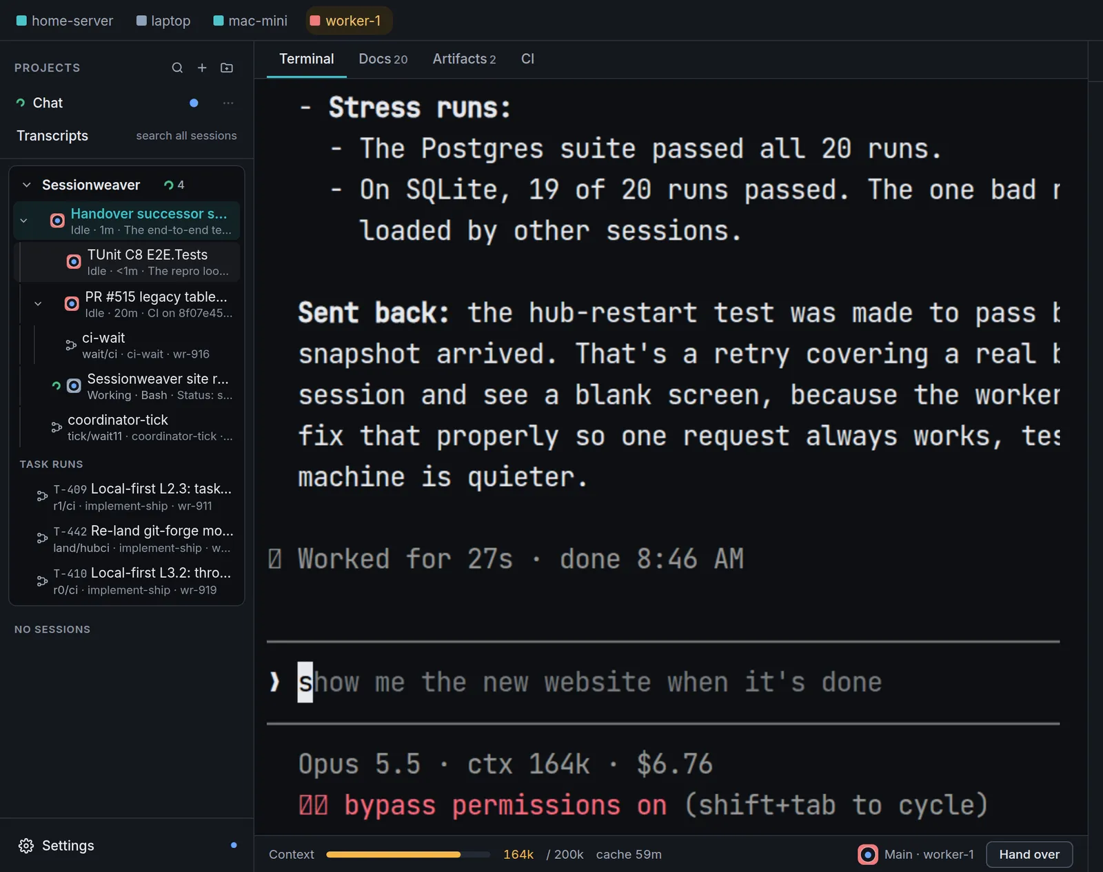 Sessionweaver on a desktop: the project tree on the left, a live Claude Code terminal in the middle, and the context meter with a Hand over button below.