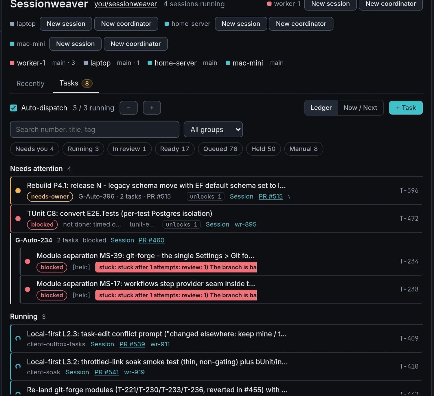 The Sessionweaver tasks board with filters for needs you, running, in review, ready and queued, listing tasks with their status, pull request and session.