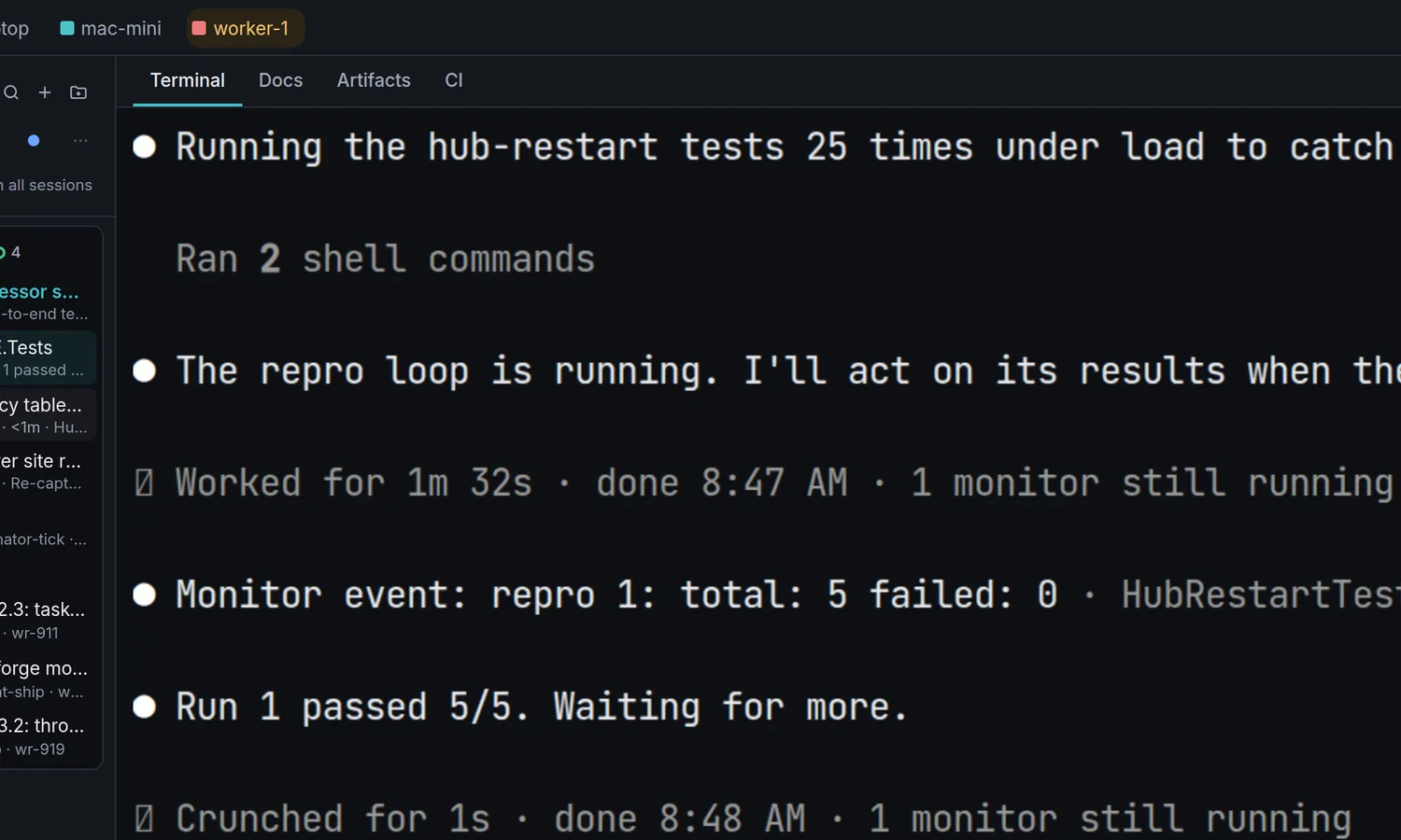 The real Claude Code terminal running inside Sessionweaver, with the context meter and a Hand over button at the bottom.