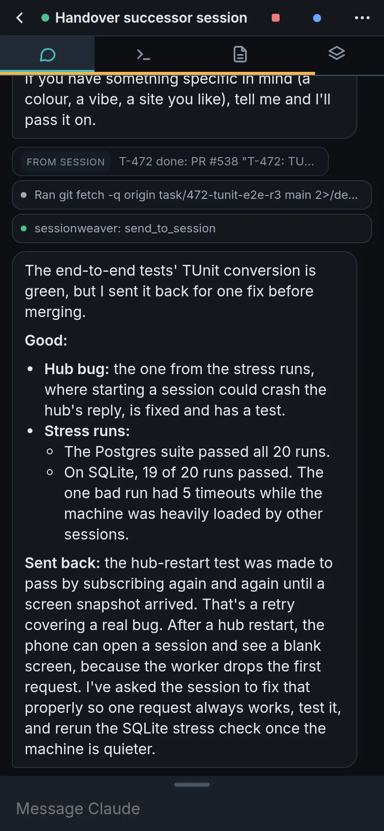 A Sessionweaver chat on a phone: Claude lists what the new site will contain, with tool calls collapsed into one-line rows.