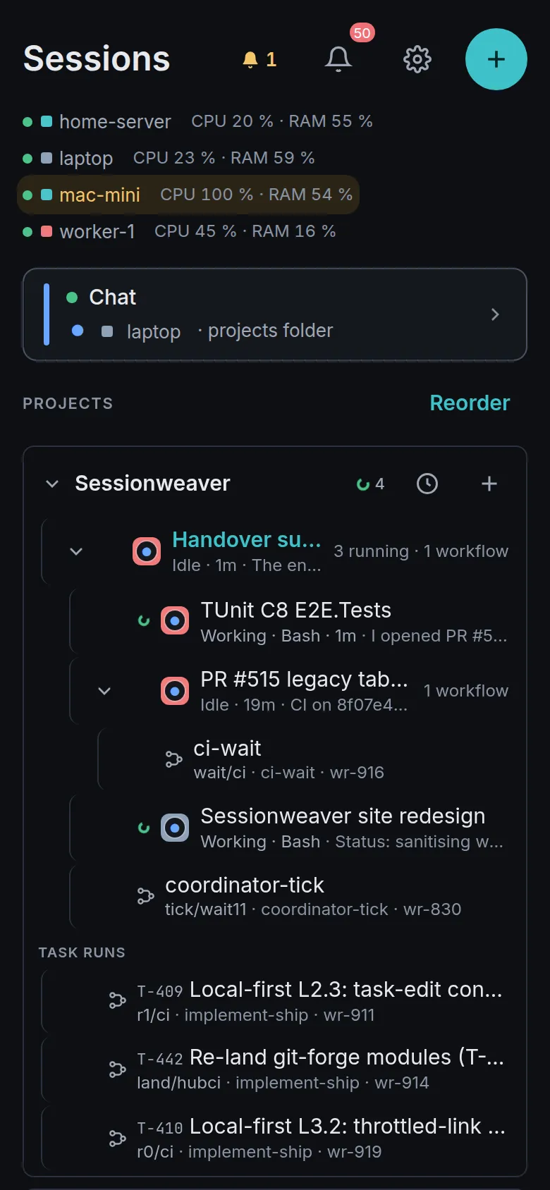 Sessionweaver on a phone: machines with live CPU and RAM, then the project tree with each running session and workflow.