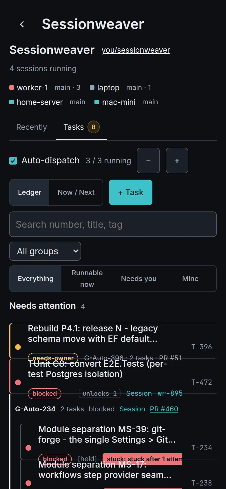 The tasks board on a phone, listing tasks that need attention with their status and number.